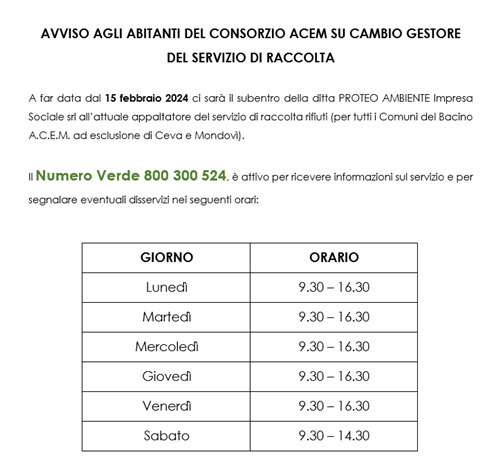 CAMBIO GESTORE SERVIZIO DI RACCOLTA DAL 15/02/2024
